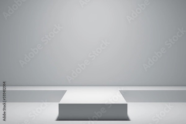 Obraz T-shaped catwalk podium, white geometric, realistic pedestal, cosmetic showcase, template, copy space, advertising, product display, 3D Rendering