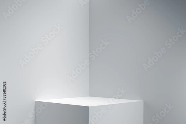 Obraz white cube podium , light background, geometric, round realistic pedestal, cosmetic showcase, template, copy space, advertising, product display, 3D Rendering
