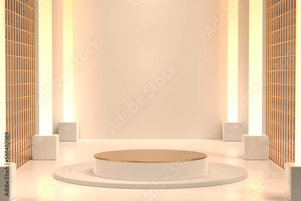 Obraz cylinder podium with lights on warm background, geometric, round realistic pedestal, cosmetic showcase, template, copy space, advertising, product display, 3D Rendering