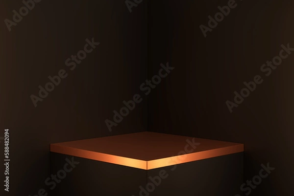 Obraz black cube podium with golden lid , dark background, dark geometric, round realistic pedestal, cosmetic showcase, template, copy space, advertising, product display, 3D Rendering