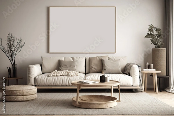 Fototapeta Scandi interior design with beige sofa,wooden boho table and carpet in modern coastal living room. AI generated