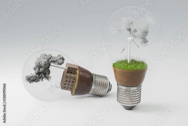 Fototapeta lightbulbs with minature wind turbine and coal-fired power station  inside; green soil and clouds; pollution and smoke; renewable clean energy concept; infinite background; 3D Illustration