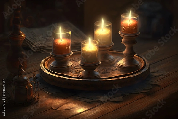 Fototapeta a group of lit candles sitting on top of a wooden table