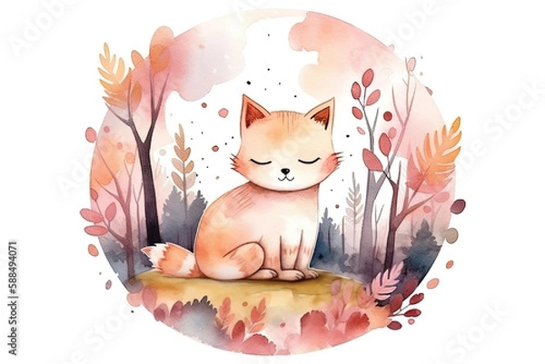 Fototapeta Cute kitten in a dreaming beautiful and colorful forest, in a circle, watercolor kawaii style