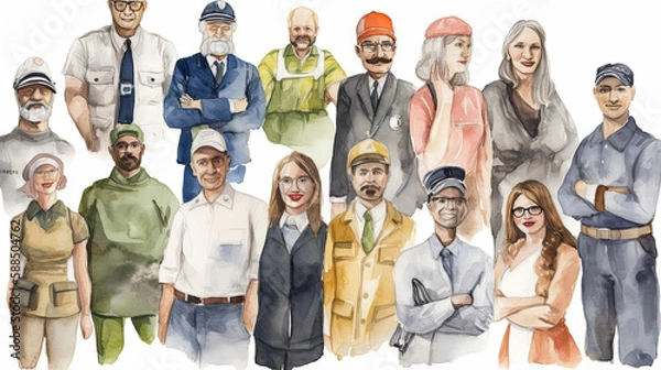 Fototapeta People of different professions, watercolor, generative ai