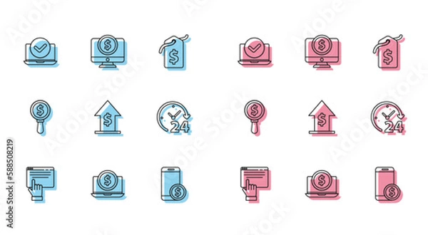 Fototapeta Set line Online shopping on screen, Laptop with dollar, Smartphone, Financial growth and coin, Clock 24 hours, Magnifying glass and Computer monitor icon. Vector
