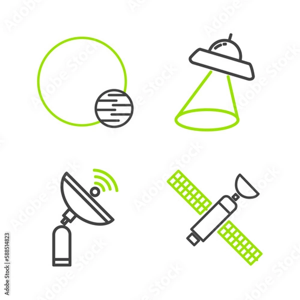 Fototapeta Set line Satellite, Radar, UFO flying spaceship and Planet icon. Vector