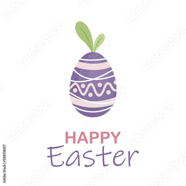Fototapeta Easter illustration of decorated purple egg and lettering Happy Easter. Drawing in a modern style isolated on a white background. For postcard, poster, social networks and so on.
