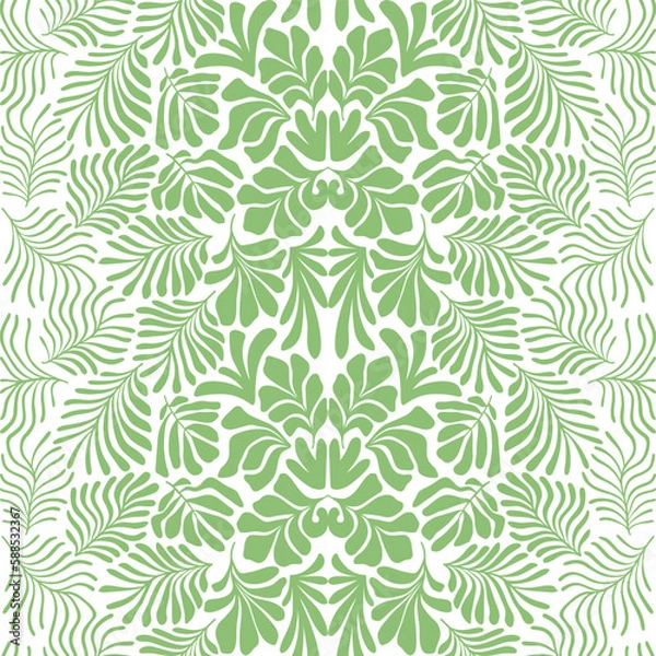 Fototapeta Green white abstract background with tropical palm leaves in Matisse style. Vector seamless pattern with Scandinavian cut out elements.