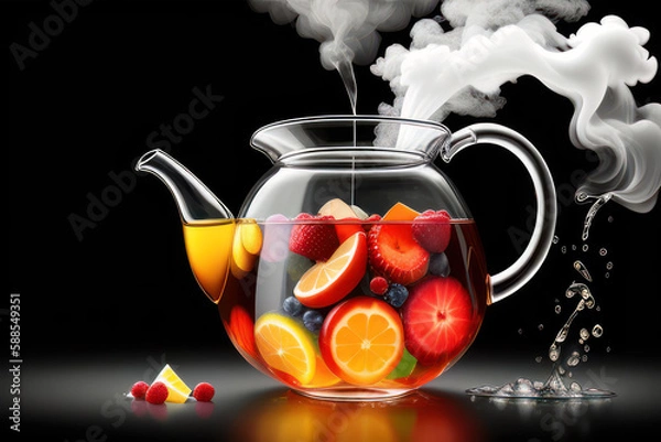 Fototapeta Glass teapot filled with fruits and berries and hot steam coming out of it's top, on a black background. generative ai illustration