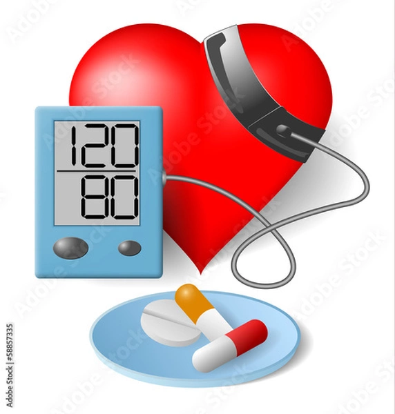 Fototapeta Heart - Blood pressure monitor and pills