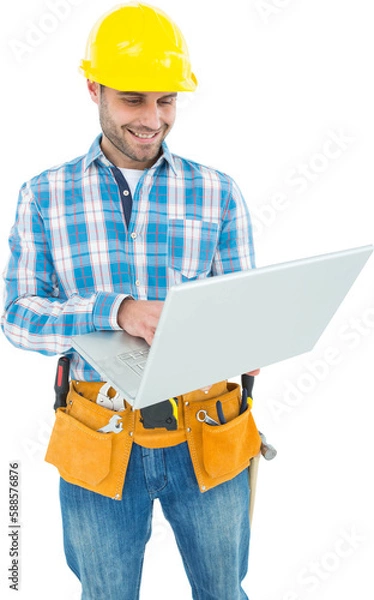 Obraz Happy construction worker using laptop