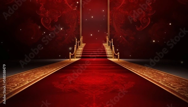 Fototapeta Red Carpet Bollywood Stage, Maroon Steps Spot Light Backdrop of the Golden Regal Awards. Generative ai