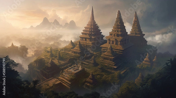 Obraz ancient tample with forest landscape, generated AI technology