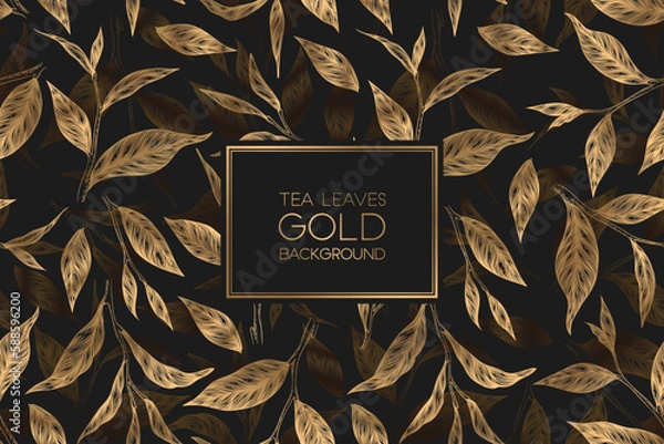 Fototapeta Vector seamless pattern with gold hand drawn tea leaves and branches isolated on black background. Elegant design for print, fabric, wallpaper, card, invitation, packaging