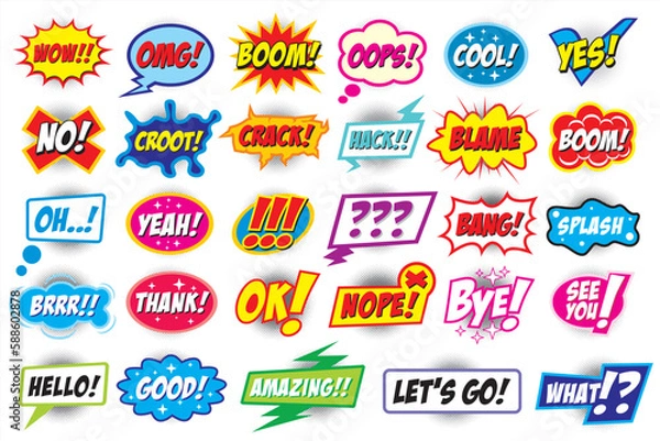 Fototapeta Set of comics speech bubbles. Comic sound effects in pop art style Vector illustration
