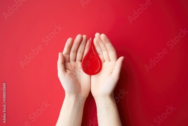 Fototapeta A hand holding a red drop of blood on a red background. Generative AI