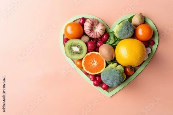 Fototapeta A heart shaped tray of fruits and vegetable. Generative AI