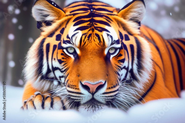 Fototapeta close-up portrait of Siberian tiger laying in the snow with its eyes wide open. generative ai illustration