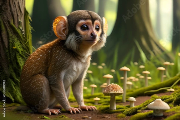 Fototapeta cute young pigmy Marmoset animal sitting in a magical forest with big red amanita muscaria mushrooms around it, background with moss and trees. generative ai illustration