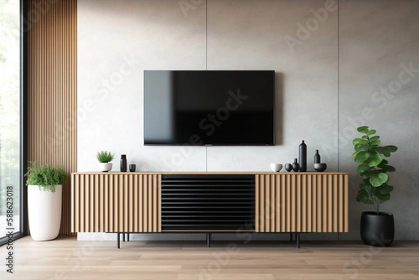 Fototapeta Television put on tv stand wood table, in minimal empty space luxury room background AI Generative	
