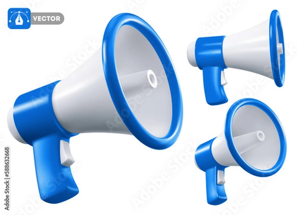 Obraz Blue and white colored megaphone speaker, view from different angles, isolated on white background. Vector 3d realistic illustration