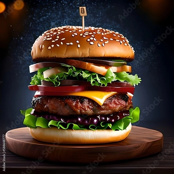 Fototapeta Hot delicious burger with beef, cheese and tomatoes,  generative AI