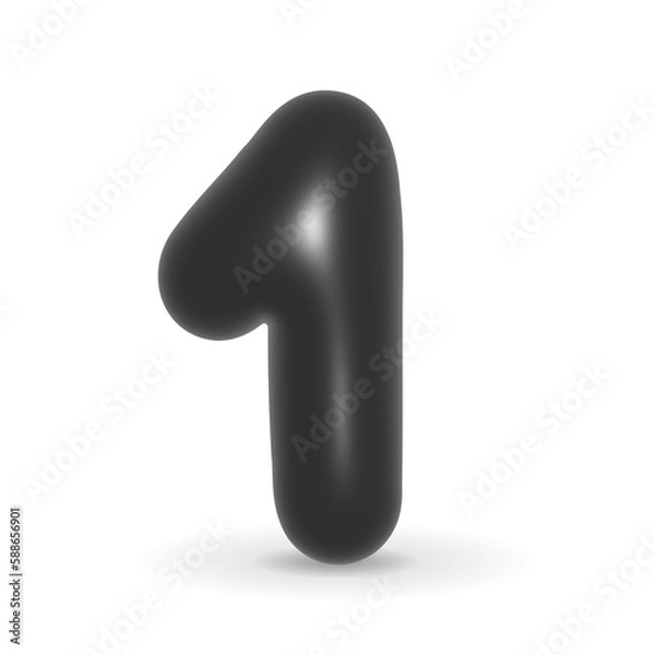 Fototapeta Black Balloon Number One Symbol Digit realistic design element for events. 3d illustration isolated on white background. For Black Friday, Sales and Events.