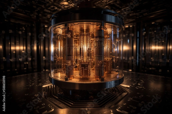 Fototapeta Quantum computer, with qubits changing state, achieving quantum supremacy. Conceptual illustration. Generative AI
