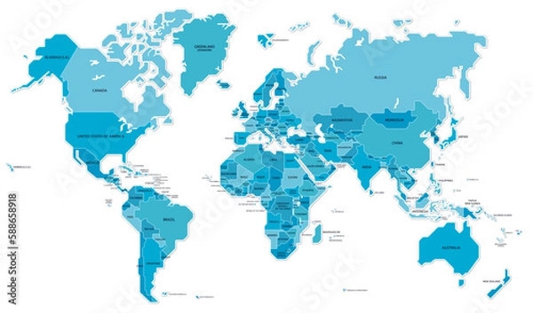 Obraz 世界地図　色分け青　国名　国境　イラスト