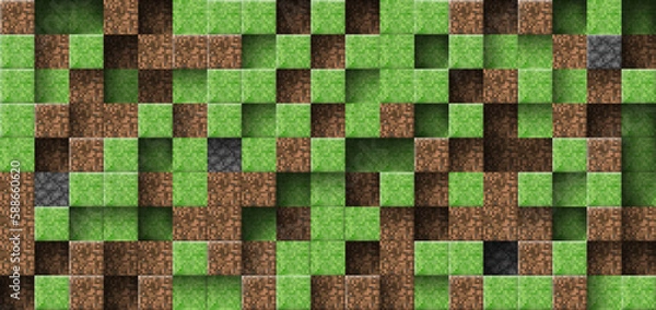 Fototapeta Pixel style 3d abstract cubes. Video game vector geometric mine mosaic pattern. Landscape of craft brown ground, green grass, gray stone block. Concept of game pixelated seamless background