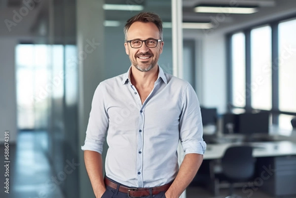 Obraz Business man with shirt stands contented and smiling in modern office - theme start-up, success, career and innovation - Generative AI