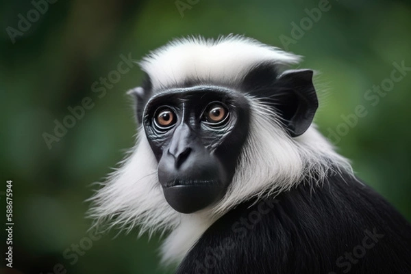Fototapeta Portrait of Abyssinian Black-and-White Colobus Monkey, beautiful African primate.