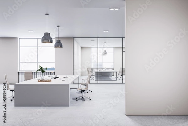 Fototapeta Modern concrete coworking office interior with blank white mock up place on wall, furniture, equipment and window with city view. Loft office designs. 3D Rendering.