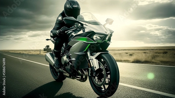 Fototapeta Full Camera Shot of a Green Kawasaki Ninja H2R, Generative AI