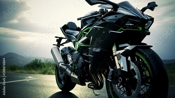 Fototapeta Full Camera Shot of a Black and Green Kawasaki Ninja H2R, Generative AI