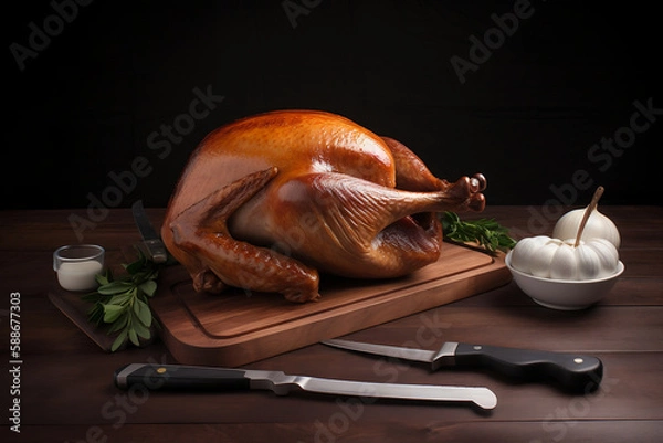 Obraz delicious thanksgiving day turkey on a plate, Generative AI