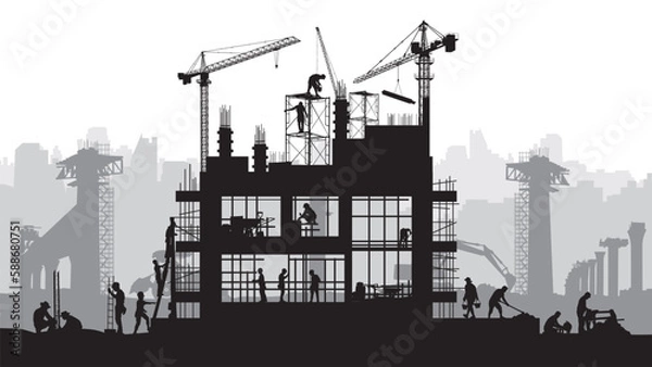 Fototapeta Construction vector background, Worker in a building site, Labour day background.