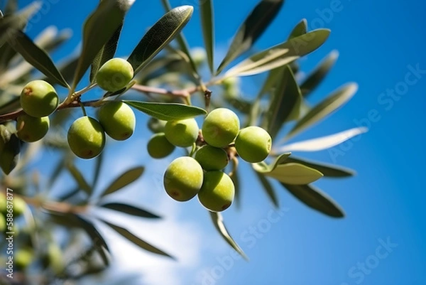 Fototapeta Olives on olive tree branch in autumn with blue sky in background. Seasonal nature image, generative AI.