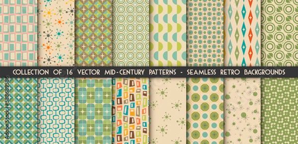 Obraz Mid century Collection of 16 modern seamless patterns in vector. 1950s vintage style atomic backgrounds, retro vector illustrations.