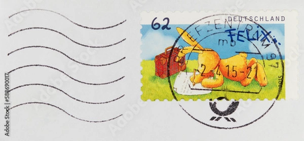 Fototapeta briefmarke stamp vintage retro alt old briefe von felix letters rabbit hare hase reisen 762 gestempelt frankiert cancel writing schreiben post letter mail brief kinder children germany rasen koffer