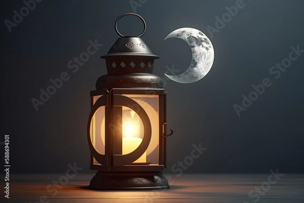 Fototapeta Ramadan Kareem background with crescent moon and candle Generative ai