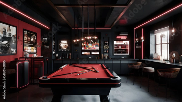 Fototapeta internal design with pool table in a amazing penthouse living room, 3d render, generative ai