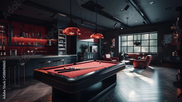 Fototapeta internal design with pool table in a amazing penthouse living room, 3d render, generative ai
