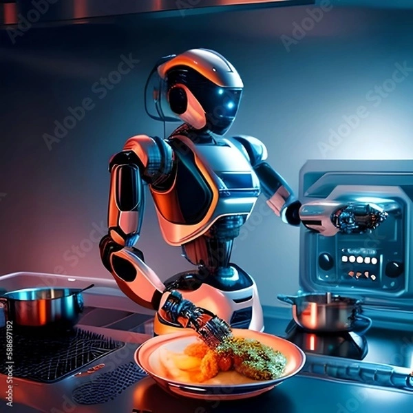 Obraz Futuristic robot cooking food, concept of innovation.  Generative AI
