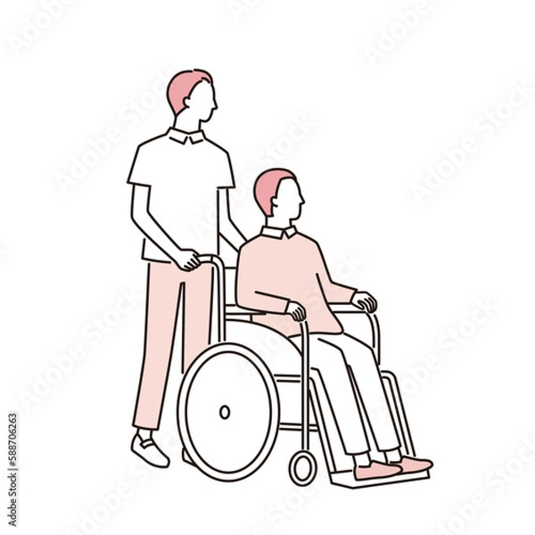 Fototapeta 車椅子に乗る男性と介助する介護福祉士