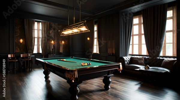 Fototapeta internal design with pool table in a amazing penthouse living room, 3d render, generative ai	