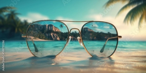 Fototapeta Sunglasses on a tropical beach and sea, Summer festive background. Generative AI