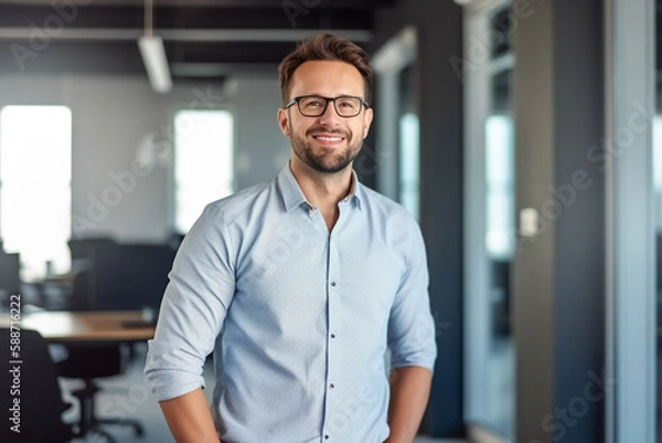 Fototapeta business man with shirt stands casually in modern glass office and smiles at camera - theme success, ERP, business or boss - Generative AI