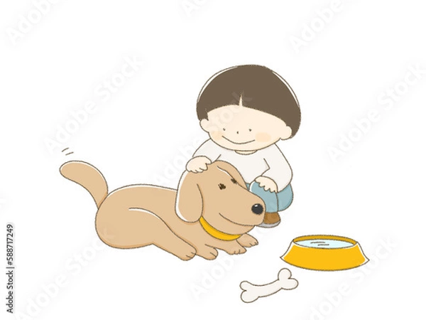 Obraz 犬を可愛がる男の子